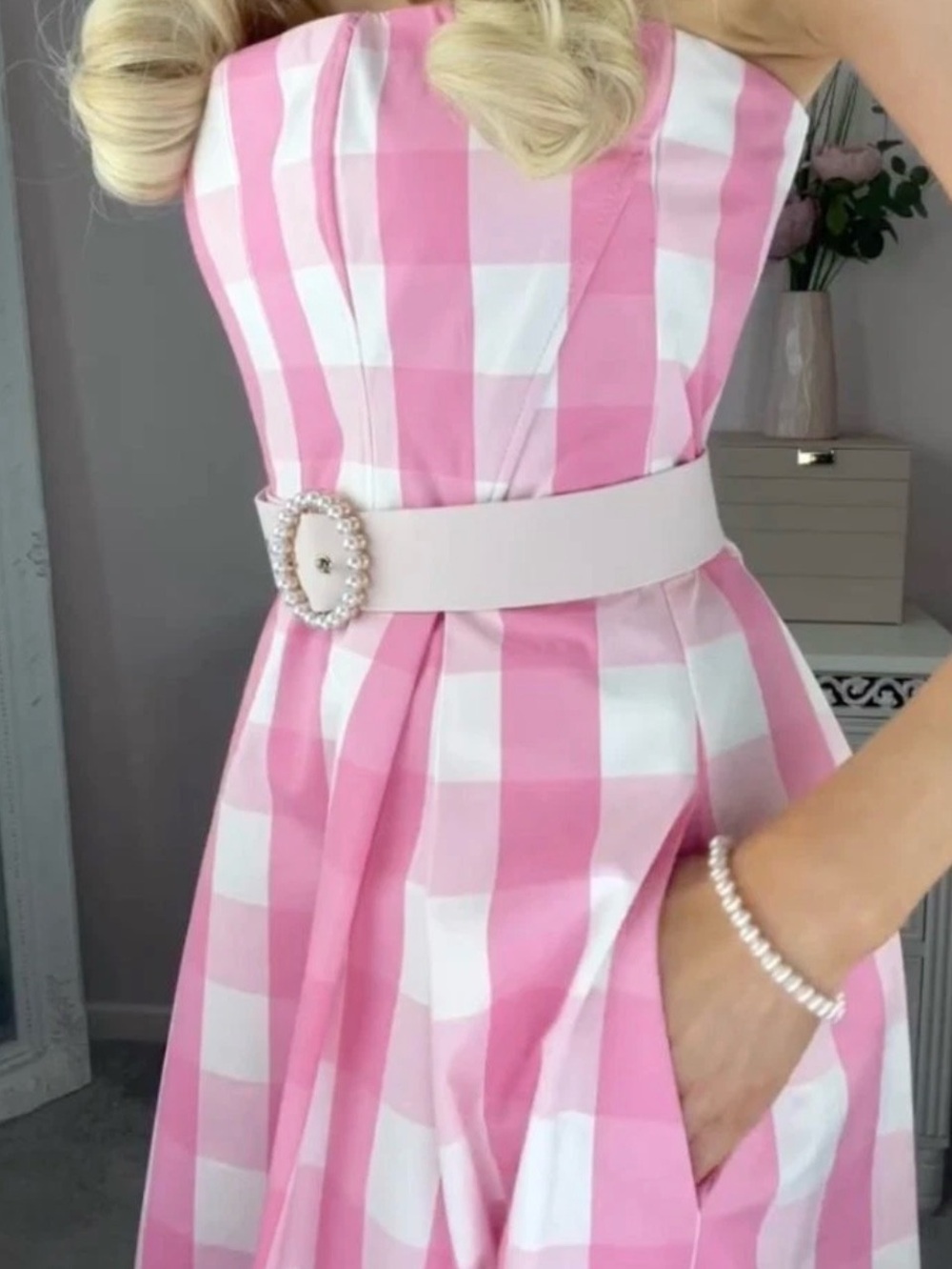ZARA BARBIE COLLABORATION Strapless Pink Gingham Midi Dress - Picture 8 of 13